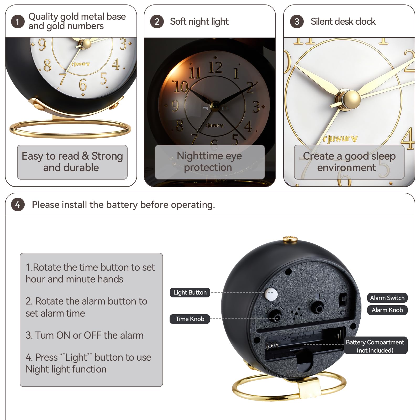 rjuwurv Metal Desk Alarm Clock, Retro Bedroom Table Vintage Analog Silent Non-Ticking Gold Alarm Clock, Bedside Decor(Black) 1