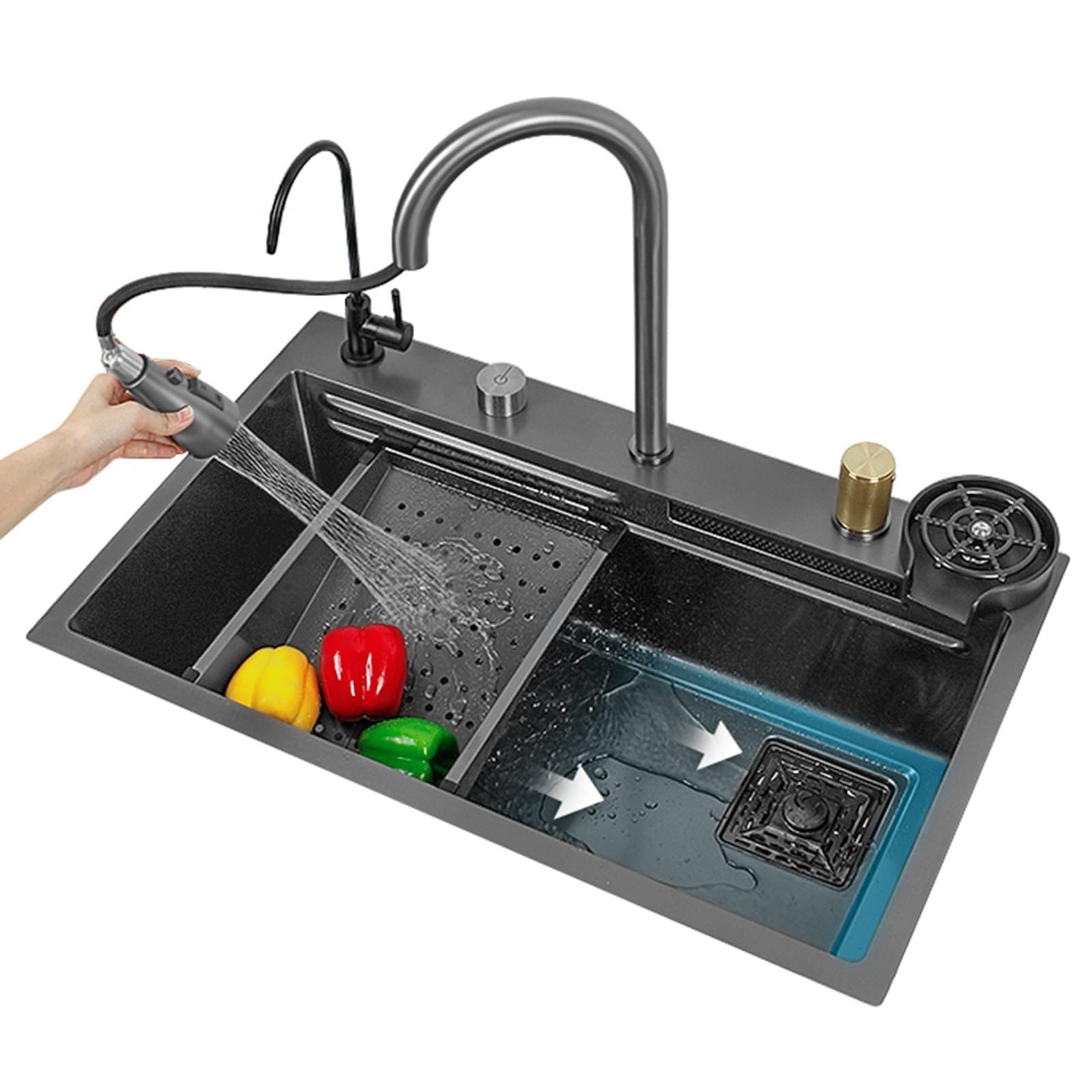 Évier de cuisine KLUFO de 68cm, poste de travail nano avec rince-tasse