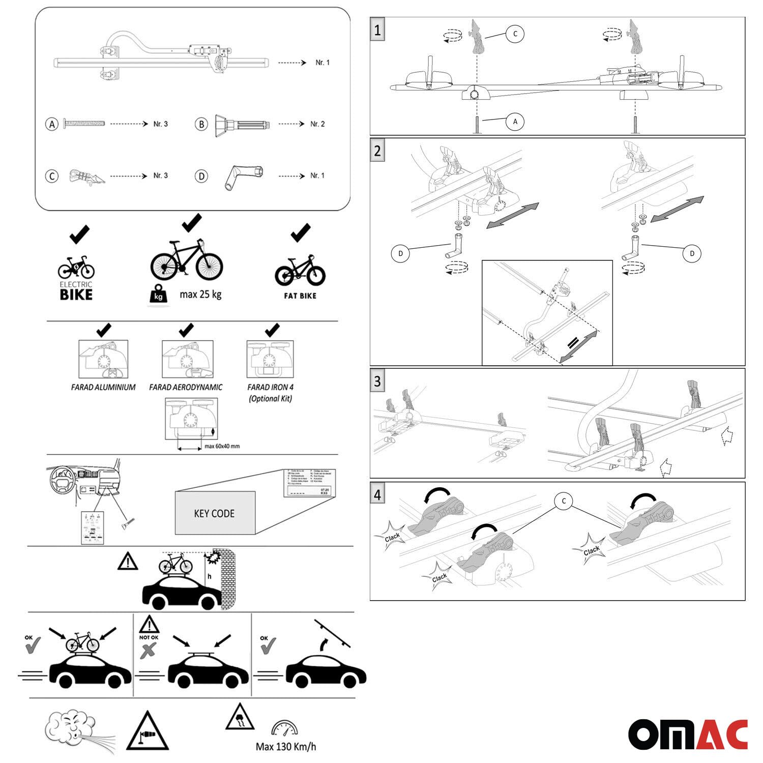 OMAC Portabicicletas P-Style Dachfahrradträger Compatible con Bicicletas bis 25 kg TÜV Acero