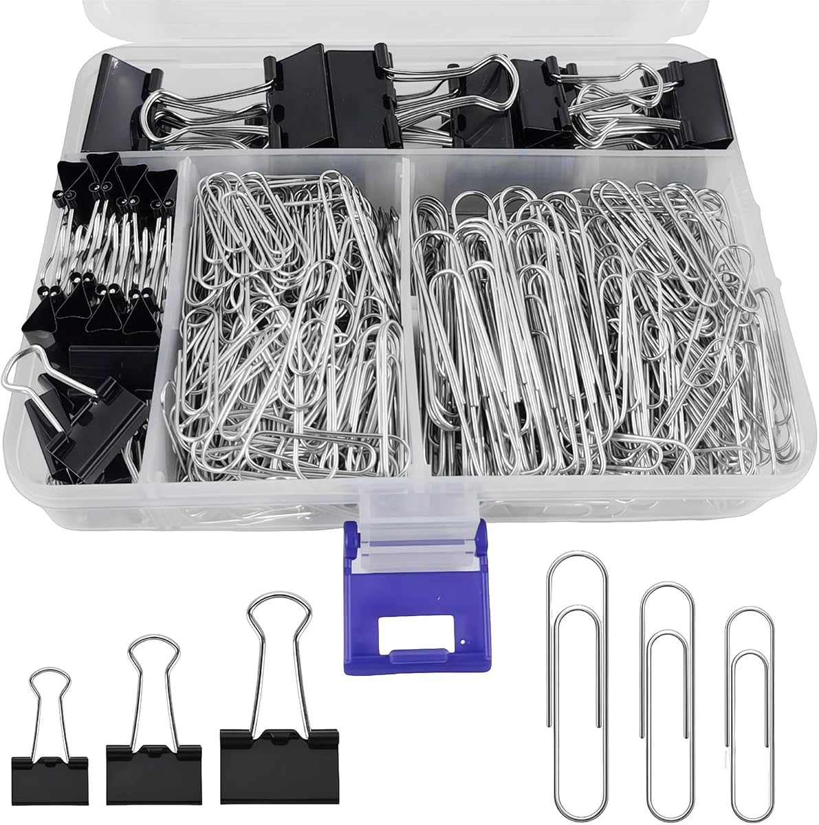 Binder and Paper Clips Set, 340 pcs Assorted Sizes in Container With Compartments - Silver Paper and Black Binder Clips for Home, School, Office Supplies