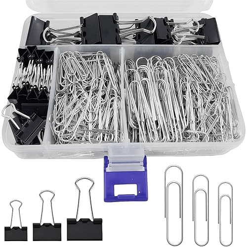 Binder and Paper Clips Set, 340 pcs Assorted Sizes in Container With Compartments - Silver Paper and Black Binder Clips for Home, School, Office Supplies