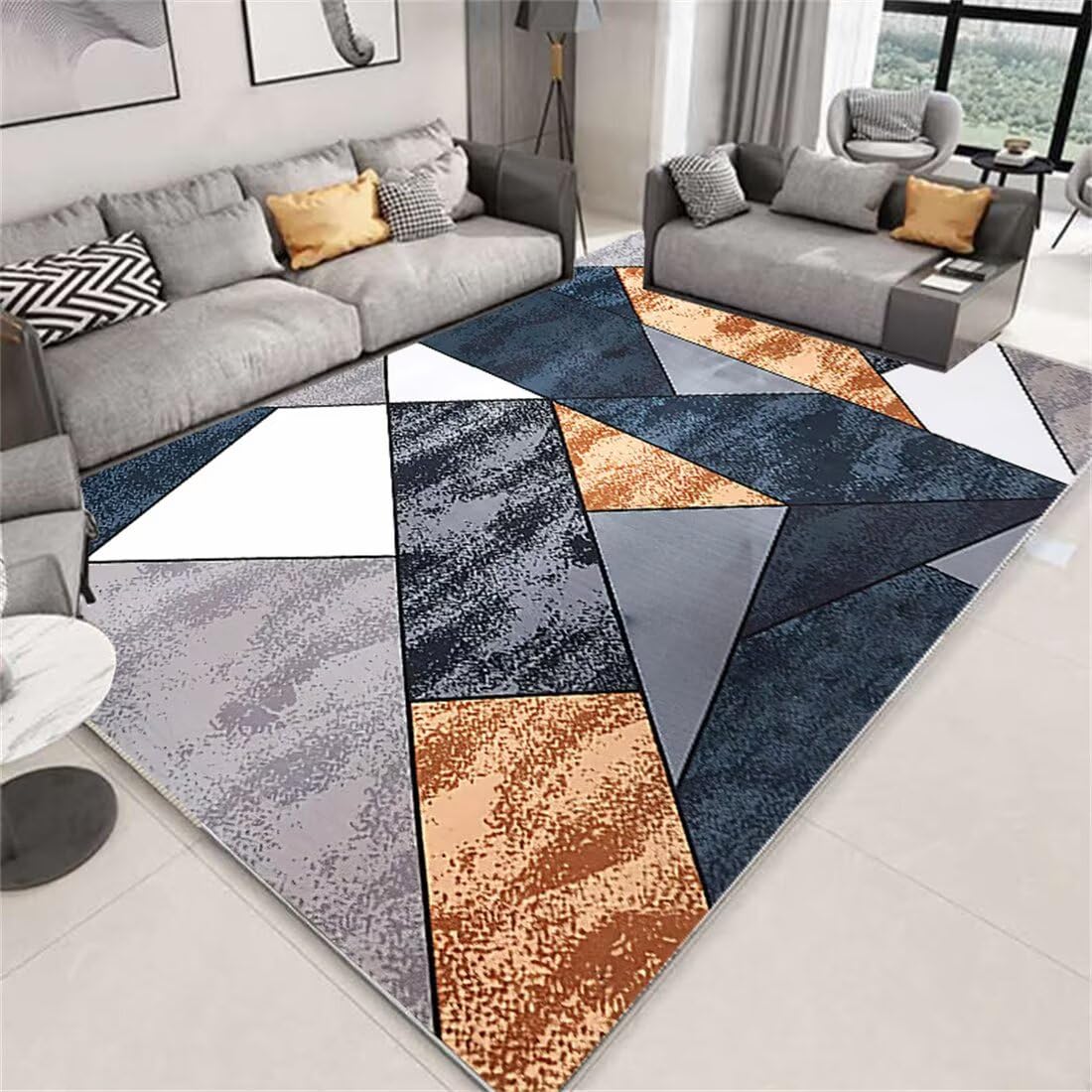Tapis jardin extérieur 160x200cm gris bleu au motif géométrique vintage marron