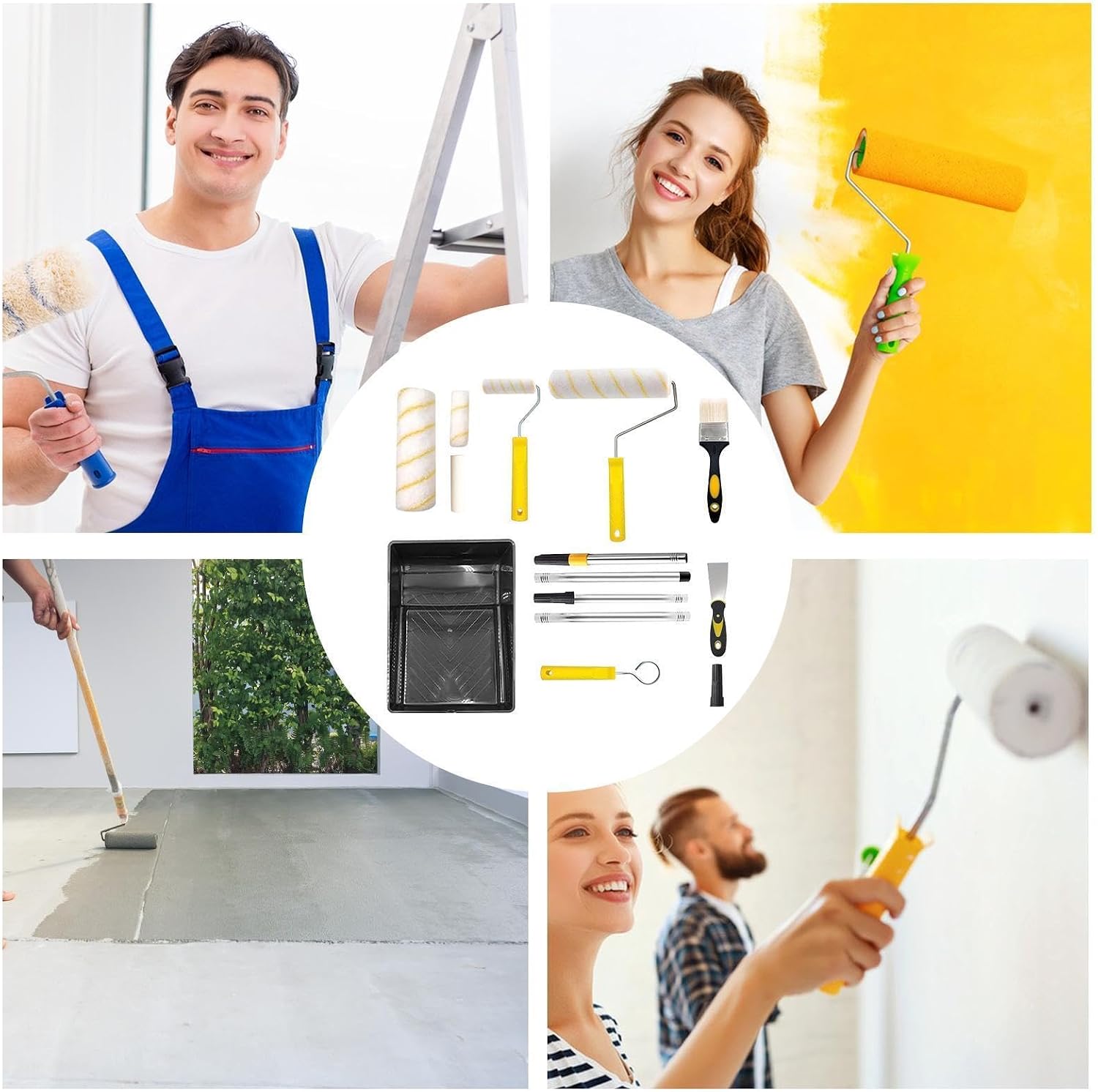 Paint Roller Set, House Paint Kit, Extension Pole Tool, Lint Proof Edger Brush Coverage, for Walls Furniture Interior Texture Application Use, Home Wall Ceiling DIY Painting Tool Kit