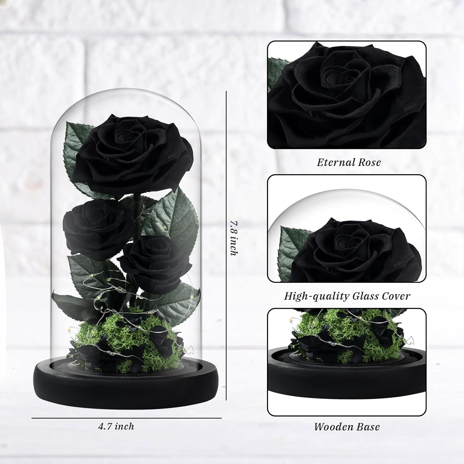 3 Preserved Flowers Roses in Glass Dome with Light for Beauty and The Beast Decor Real Rosas Eternas for Women Mom Birthday,Forever Black Roses for Delivery, Christmas for Wife Girlfriend Her - Image 3