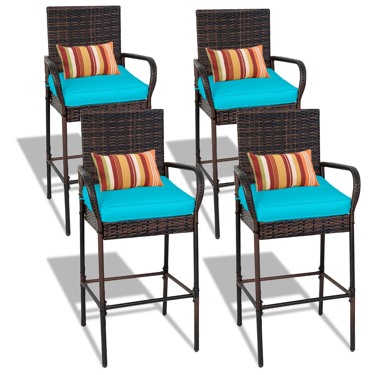 Sundale Outdoor Wicker Bar Stool Set of 4, Patio Counter Height Pub Chair with Arms, High Top Rattan Barstool, Cushion Turquoise, All-Weather Outdoor