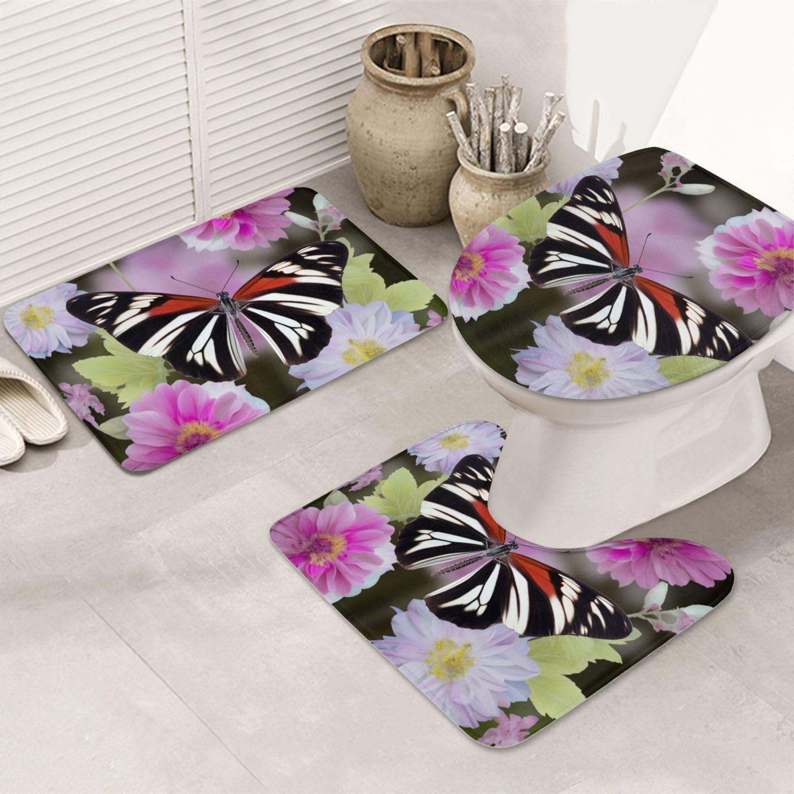 Lot de 3 tapis de bain en flanelle avec contour WC tapis abattant rayures et papillons