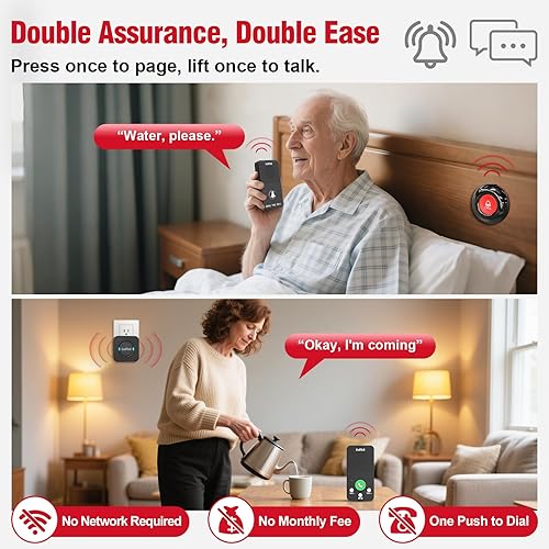 Miniatura 2 de CallToU Botón de alerta inalámbrico para personas mayores, intercomunicador de 2 vías, 2 botones de llamadas, 1 buscapersonas  500 pies de largo