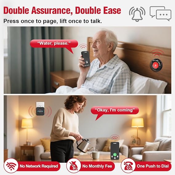 CallToU Caregiver Pager with Wireless Intercoms, 2 Call Buttons & Plug-in Receiver, Call Button for Elderly at Home, Two-Way Talk for Seniors, 500+ ft Open-Area Long Range, No WiFi, No Monthly Fee