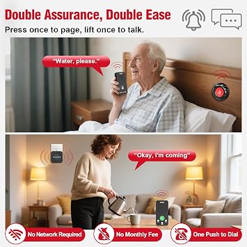 CallToU Caregiver Pager with Wireless Intercoms, 2 Call Buttons & Plug-in Receiver, Call Button for Elderly at Home, Two-Way Talk for Seniors, 500+ ft Open-Area Long Range, No WiFi, No Monthly Fee