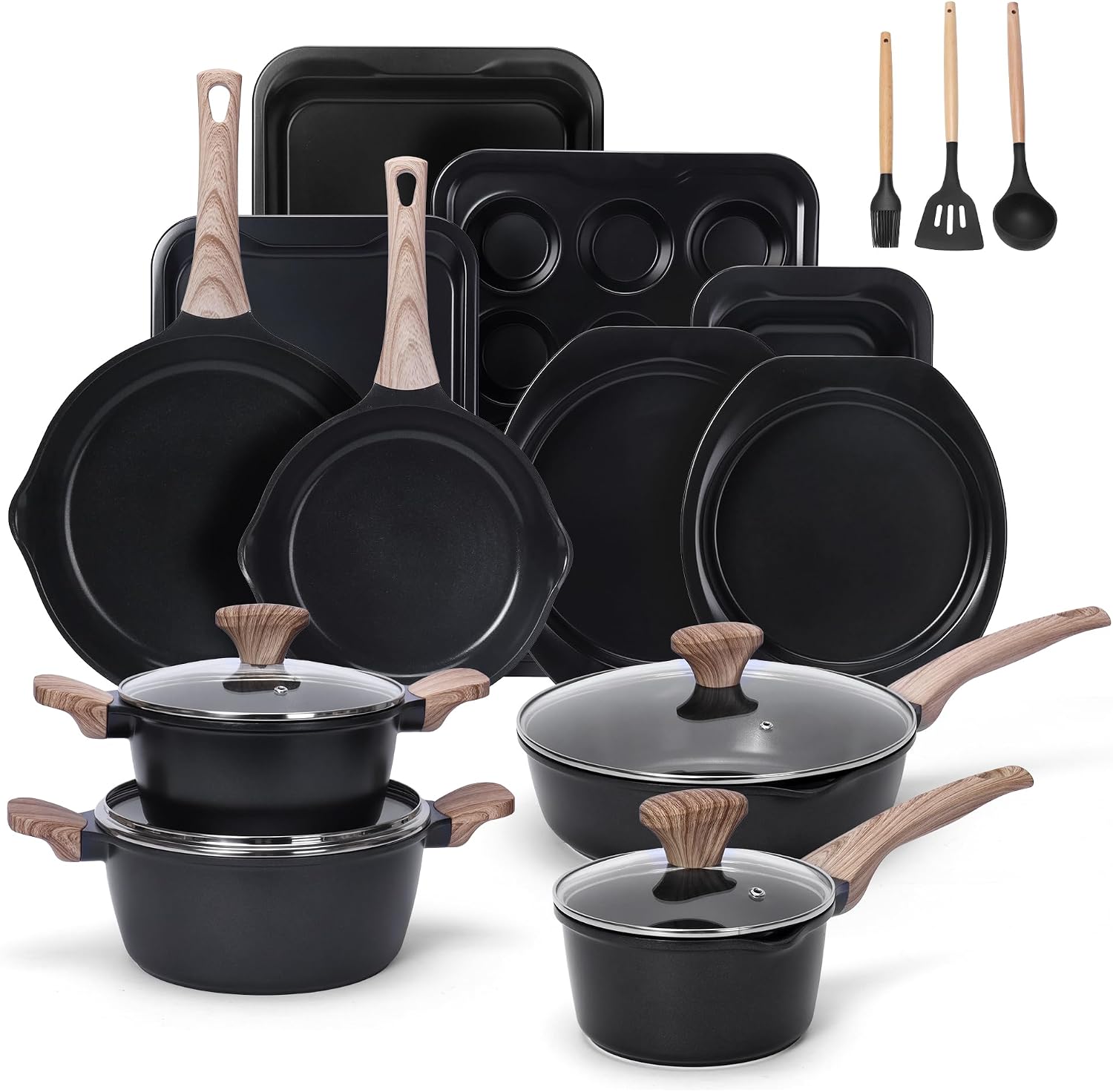 19 Piece Pots and Pans Set Non Stick, Kitchen Cookware and Bakeware Set, Induction Hob Pan Set, Saucepan Set with Lids, Frying Pans, Muffin Tray & Utensils