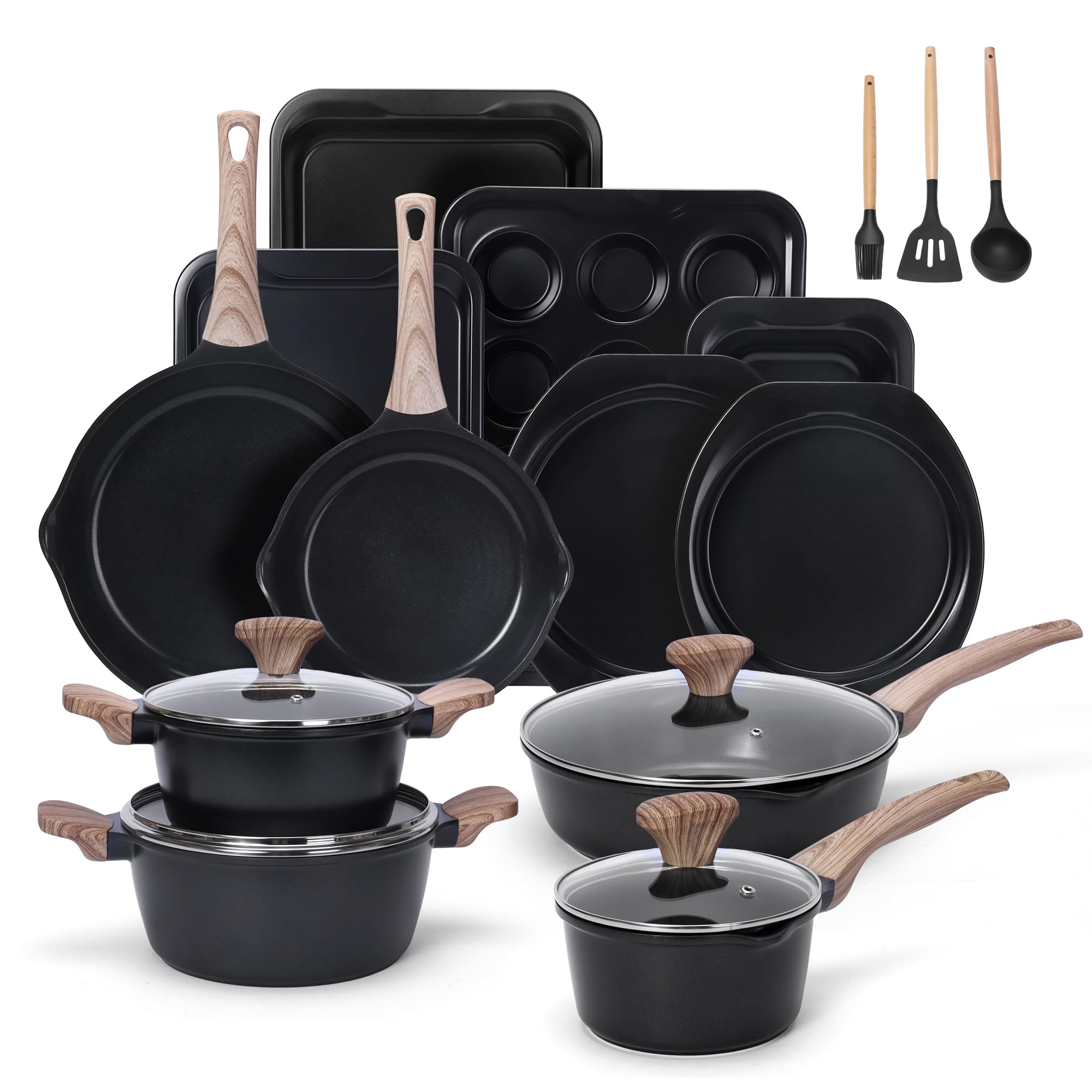 LEADKooKers 19 Piece Pots and Pans Set Non Stick, Kitchen Cookware and Bakeware Set, Induction Hob Pan Set, Saucepan Set with Lids, Frying Pans, Muffin Tray & Utensils