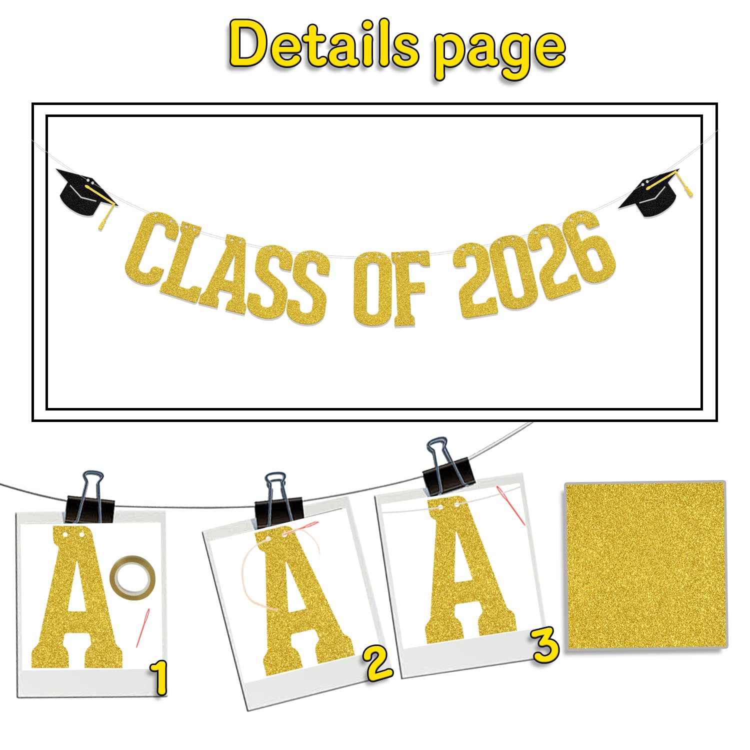 ZCXVC Class of 2026 Banner Congrats Grad Decor 2026 Graduation Party Decorations Gold Glitter - Image 2