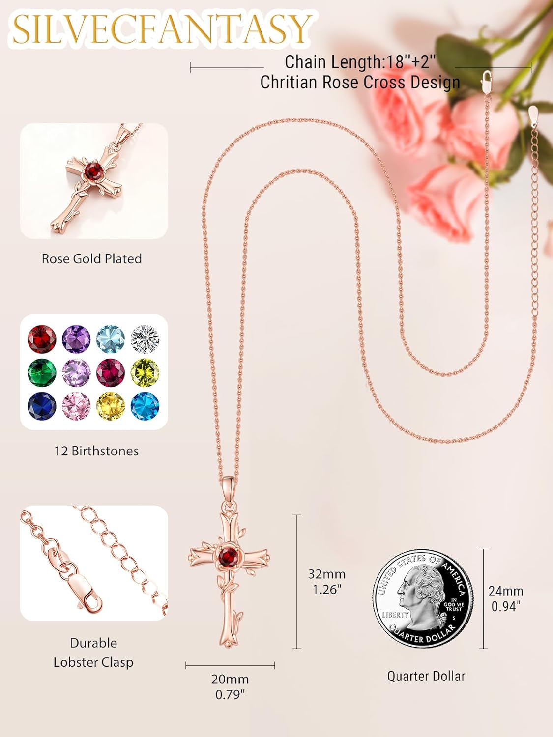Cross Necklaces for Women, 14K Gold/Rose Gold Cross Jewelry with Birthstone Pendant, Birthday Gifts for Women, 18+2 Inch Chain