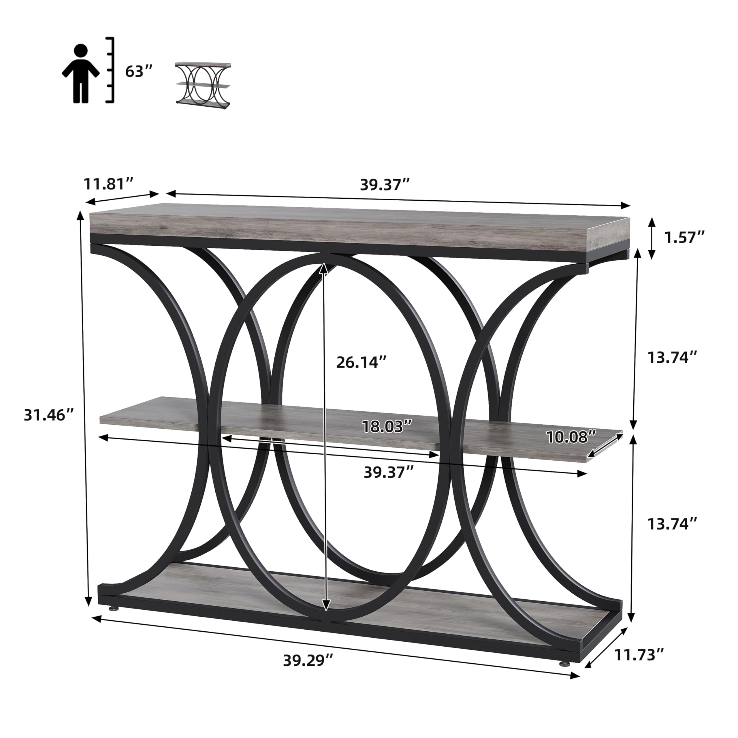 Console étroite 3 Niveaux, 39" (env. 99 cm), Style Farmhouse – Table d’entrée/Console derrière canapé – Étagères Ouvertes, Plateau Bois d’ingénierie, Pieds métal géométriques – Couleur :