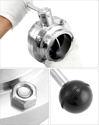 Miniatura 5 de QWORK Válvula de mariposa sanitaria de acero inoxidable con mango de tracción - para tubo de 3 pulgadas OD, 1 paquete