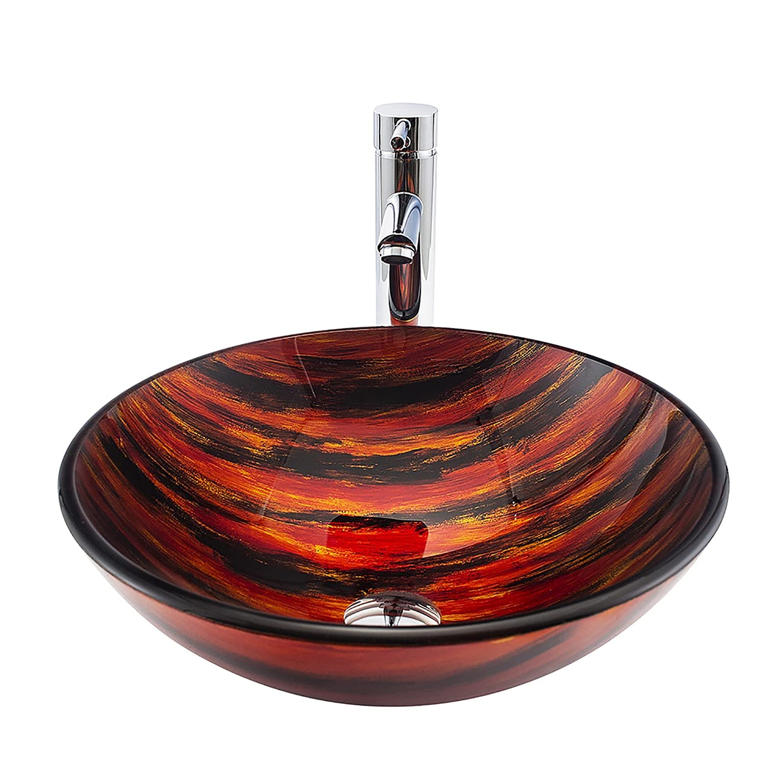 TIANQIHAO Bathroom Vessel Sink With Faucet And Drain Combo, Round Tempered Glass Countertop Basin, Art Above Counter Design