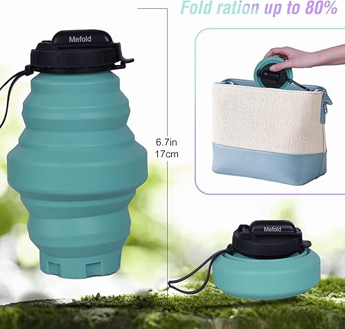Miniatura 5 de Mefold Botella de agua plegable de 18.6 fl oz, botella de agua de viaje de silicona plegable de 18.6 fl oz con popote y correa a prueba de fugas,