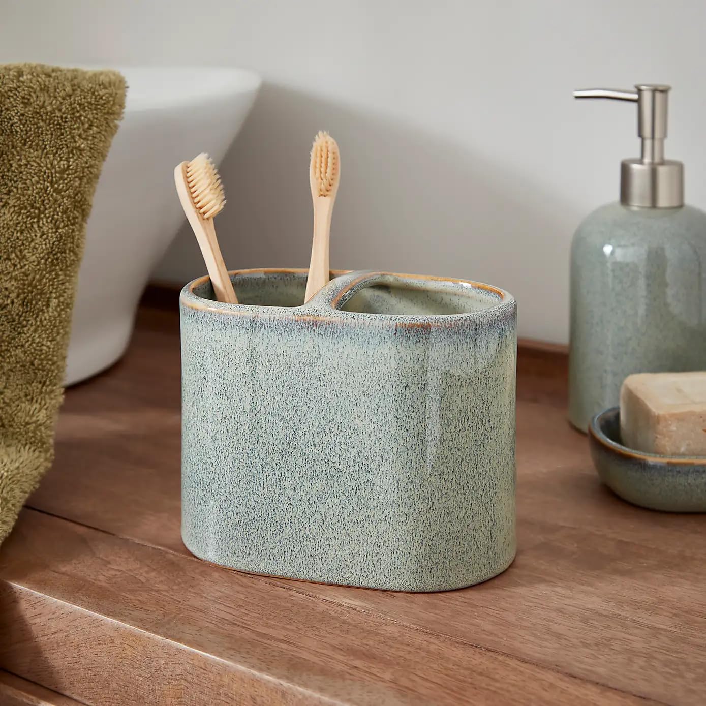 New Unique Green Reactive Glaze Double Toothbrush Holder, Bathroom Accessory with Two Compartments for Easy Organisation-M03 (Double Toothbrush Holder)