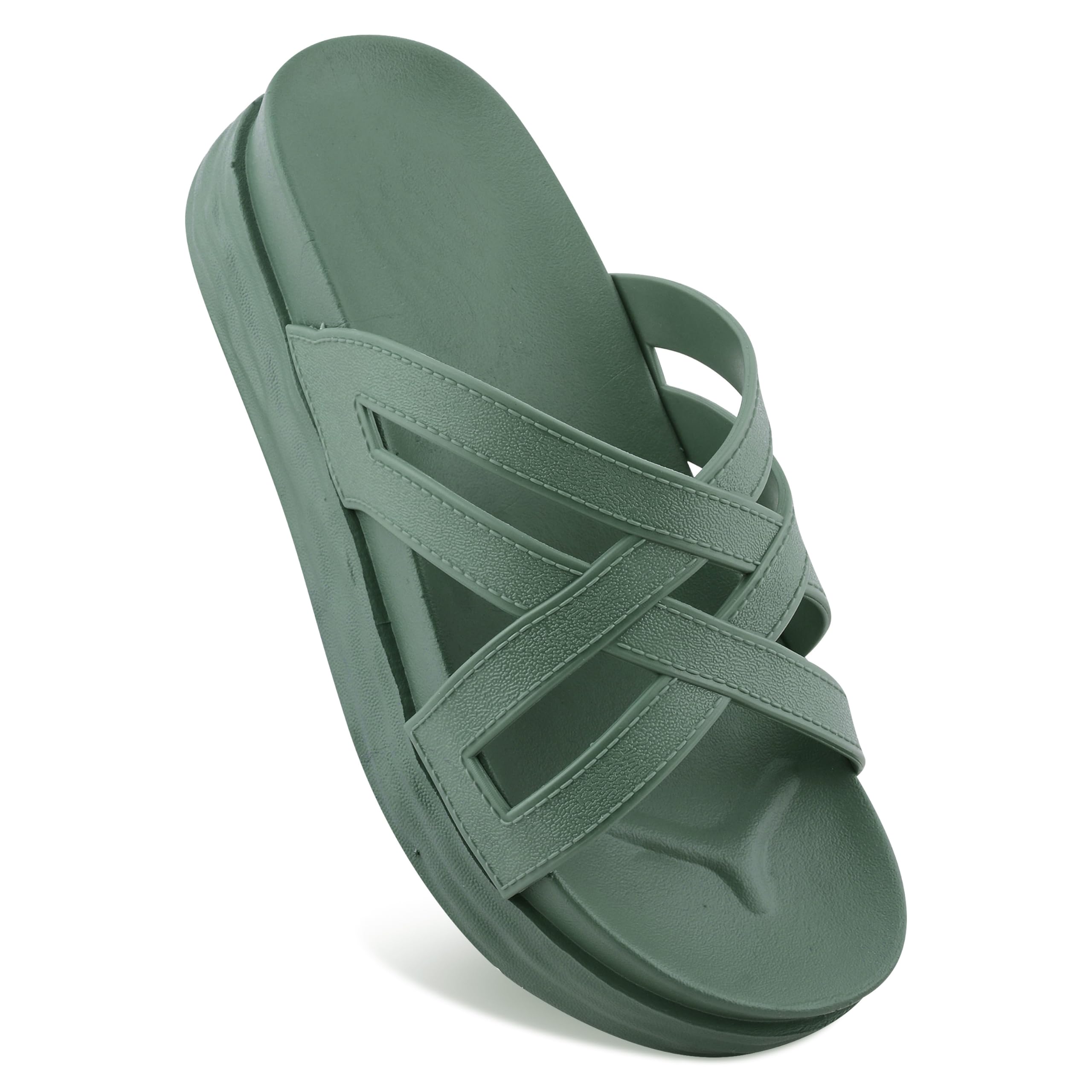 Women's Cross Strap Slide Sandals, Green, Rose Gold Buckle, Speckled Sole, Casual Slip-On Footwear-image-9