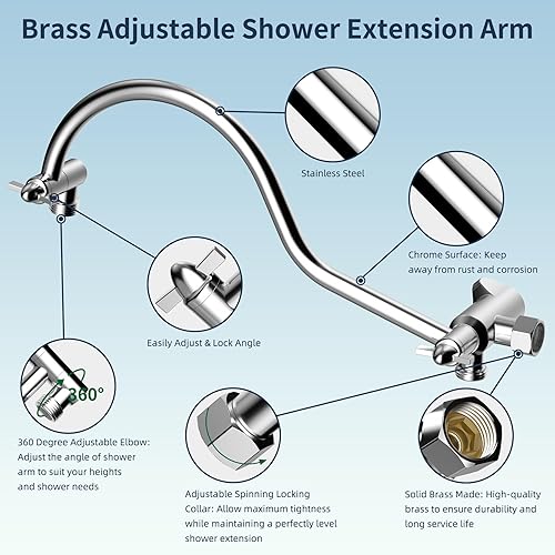 Miniatura 9 de Hibbent Cabezal de ducha cromado de 7 pulverizaciones de 8 pulgadas con brazo de extensión curvado ajustable de 12 pulgadas, combo de cabezal de