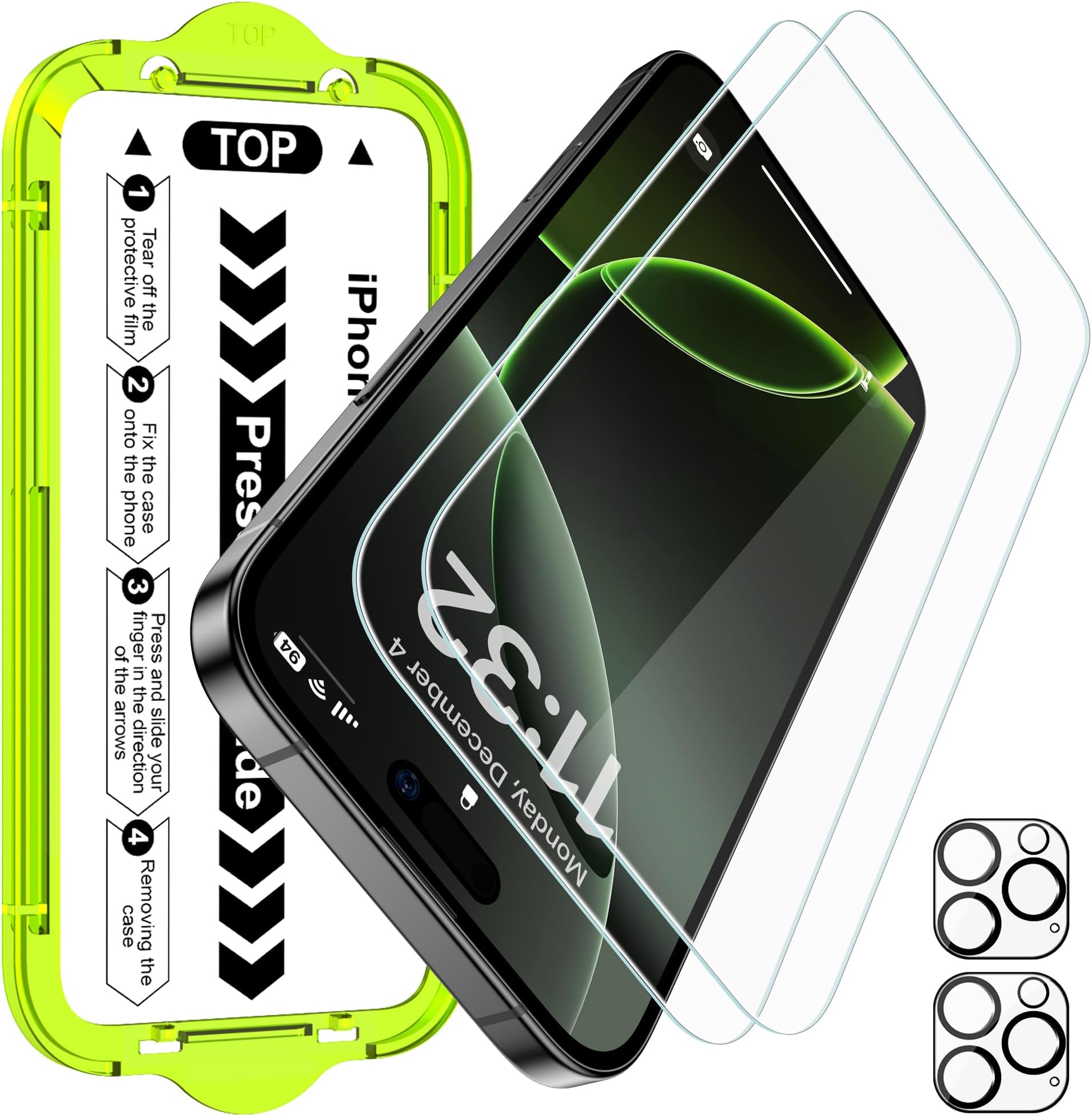 Esanik [2+2 Pack for iPhone 16 Pro Tempered Glass Screen Protector & Camera Lens Cover - Military-Grade 9H Hardness, HD Clear, Anti-Scratch, Flawless Fit Tray