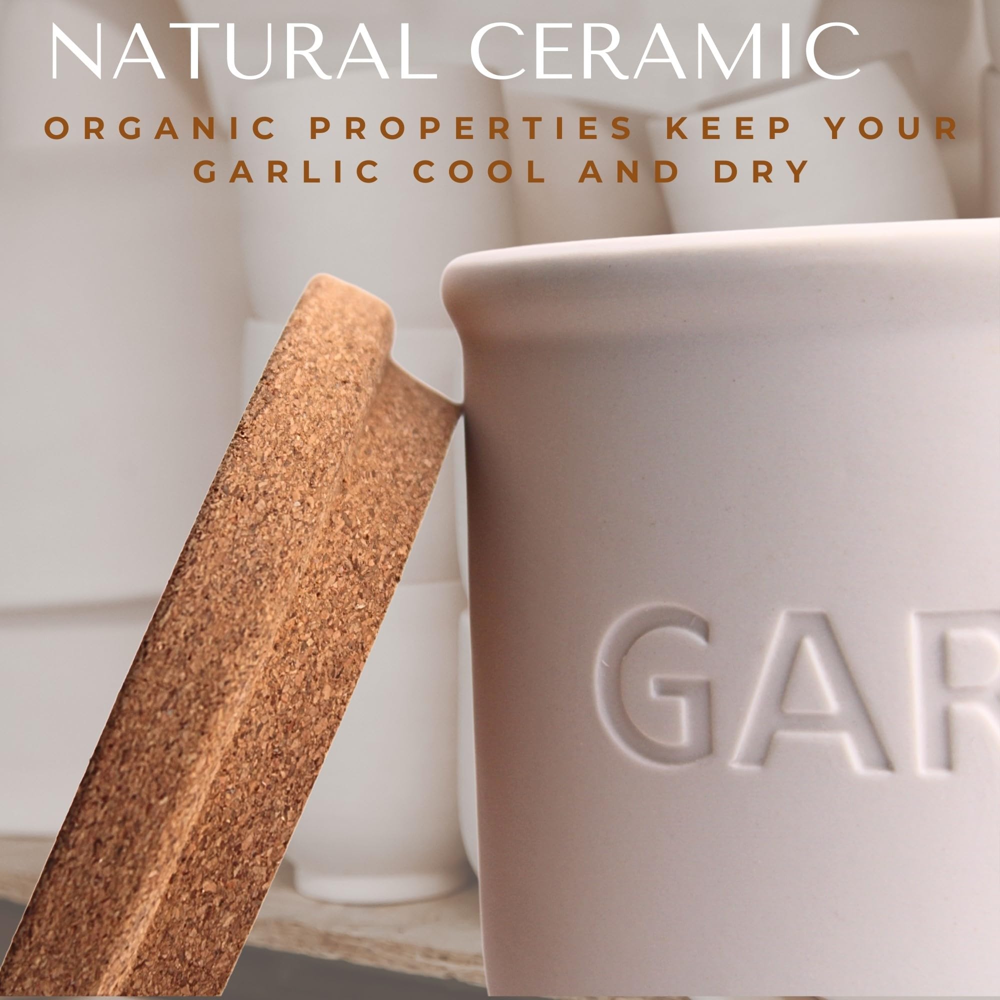 Okavango Garlic Keeper - White Ceramic Garlic Container with cork lid - Garlic Storage - Garlic Holder Countertop - Garlic Jar - Garlic Saver - Garlic Bowl - Garlic Cellar (White, 16oz)