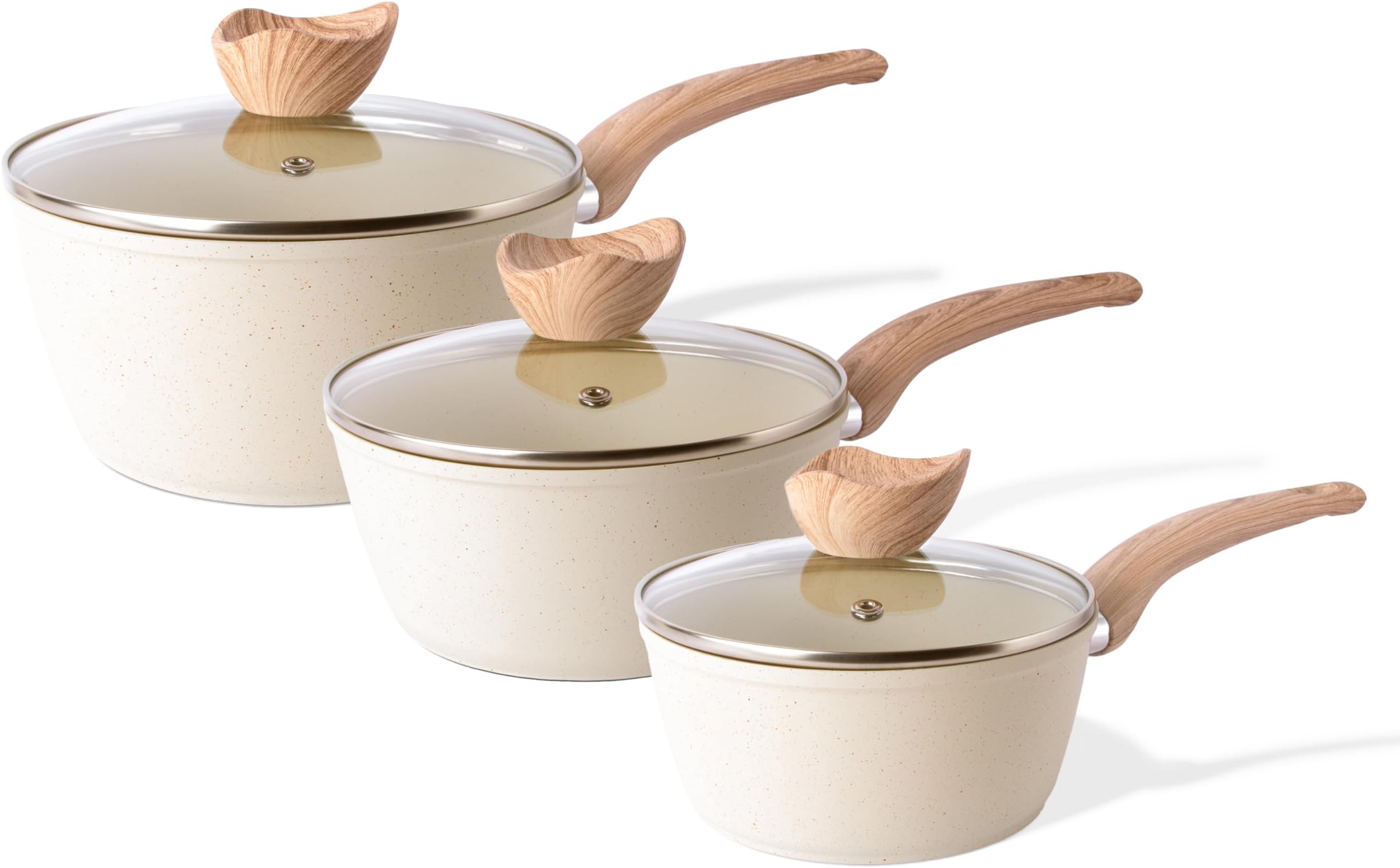 Non Stick Saucepan Set – Induction Saucepan with Lid – 3pcs Cream Granite Sauce Pan – 16cm, 18cm, 20cm Saucepot Set – by Nuovva