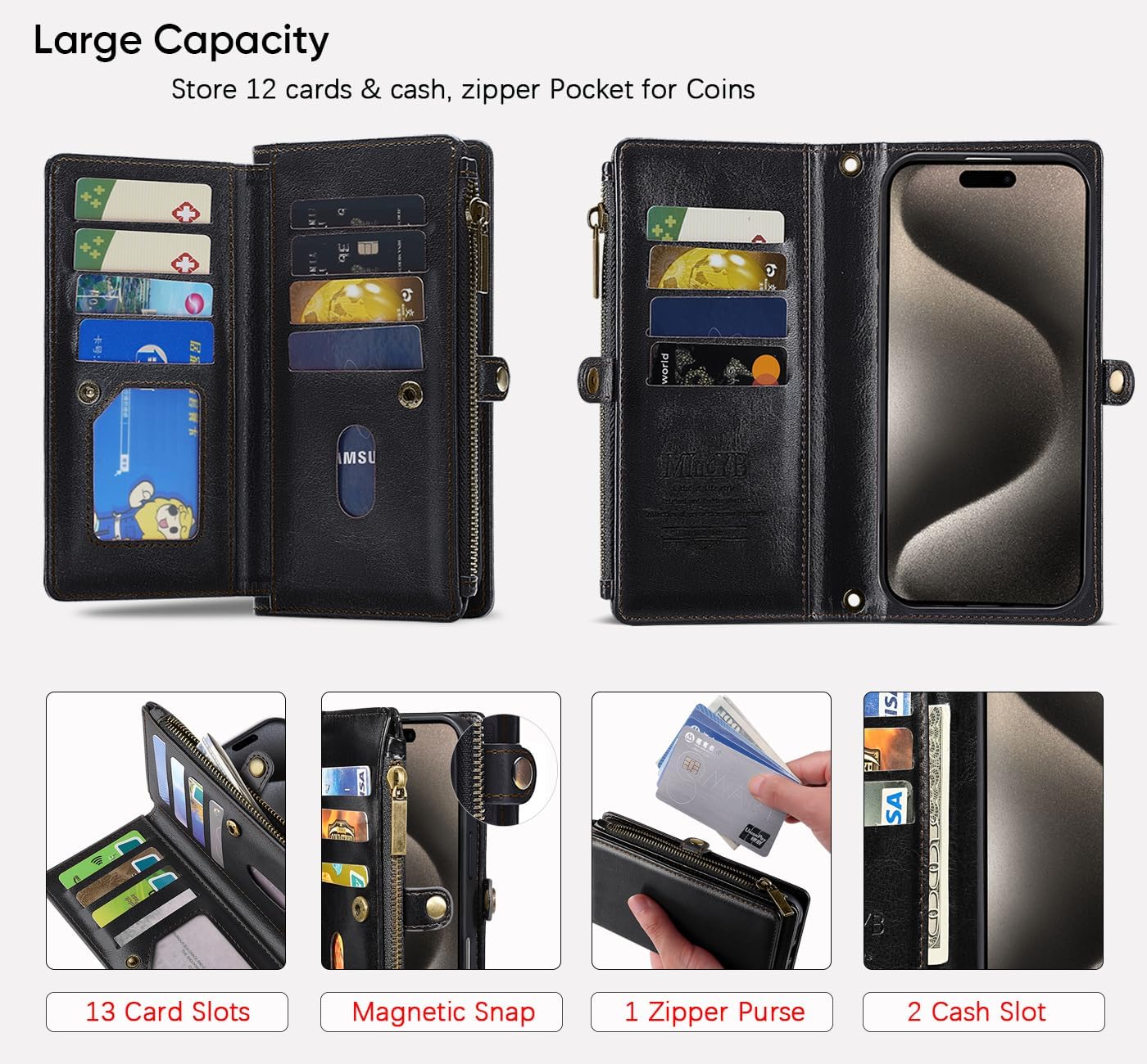 MInCYB for iPhone 15 Pro Max Wallet Case – Detachable Magnetic Wallet with RFID Blocking, PU Leather Zipper & Strap for Women Men - Image 3