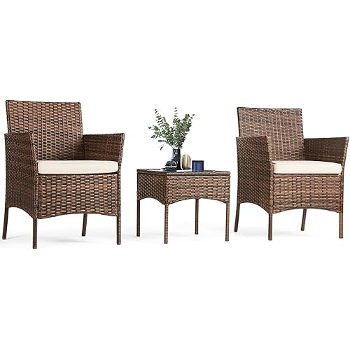 Sweetcrispy Patio Furniture Set 3 Pieces, Outdoor Furniture with Soft Cushion and Glass Table, All Weather Manual Weaving Wicker Rattan Patio Chairs for Garden, Terrace, Porch, Lawns, Brown