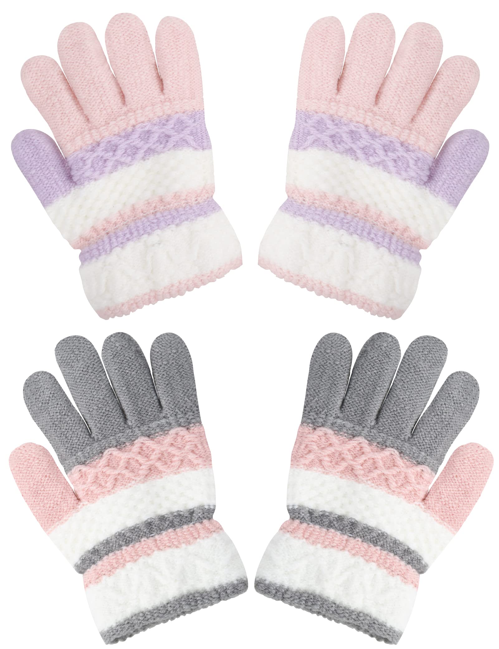 Becellen 2 Pares Guantes Invierno Niños, Guantes Termicos de Dedo Completo de Punto Guantes Elásticas Rayas Mágicos para Niñas de 4 a 10 Años