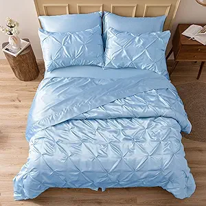 MR&HM Satin Comforter California King 7 Pieces Light Blue - Luxurious Pinch Pleat Bedding Set with Comforter, Flat Sheet, Fitted Sheet, Pillowcases & Shams, Super Silky Soft Bed Set for All Season