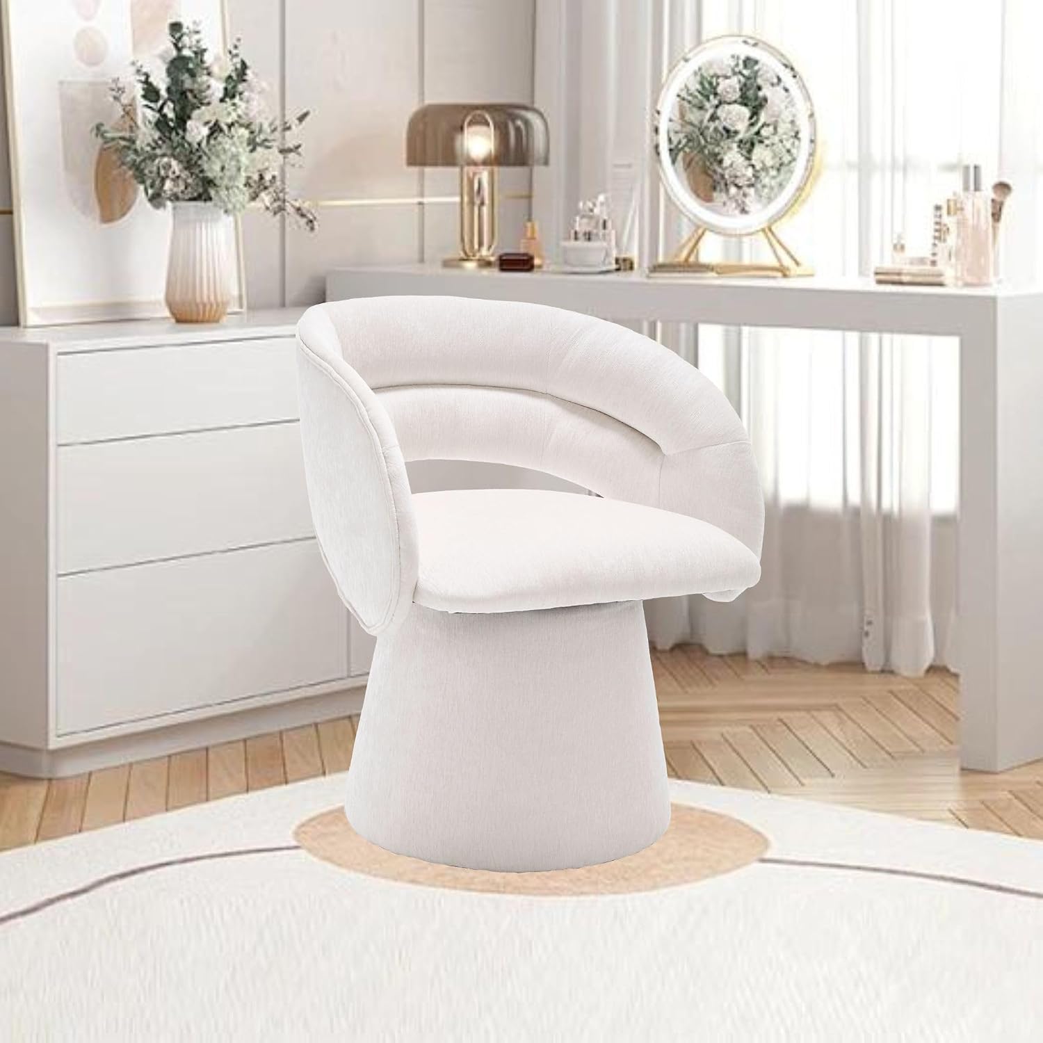 HNY Swivel Barrel Upholstered Dining Chair, Mid Century Modern 360 Degree Comfy Accent Armchair with Round Open Back, Makeup Vanity Side Chair for Bedroom Living Room, Chenille, White