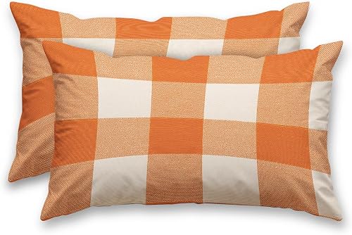 HOMETITUTE Orange Plaid Pillow Covers Decorative Pack of 2 Satin 12x20 Inch Lumb