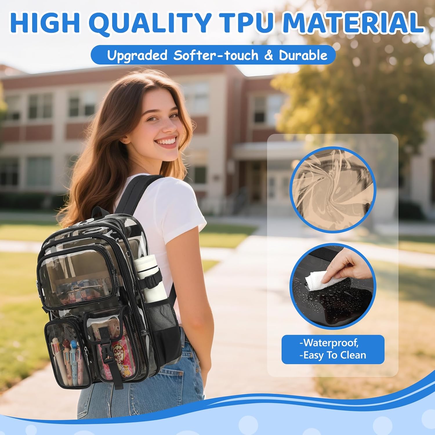 Clear Backpack for School, Heavy Duty Transparent Bookbag, See Through Backpacks for Stadium Event, Backpack for Boys, Kids Clear Bag for College Work Travel Sport Festival Security Check - Image 3