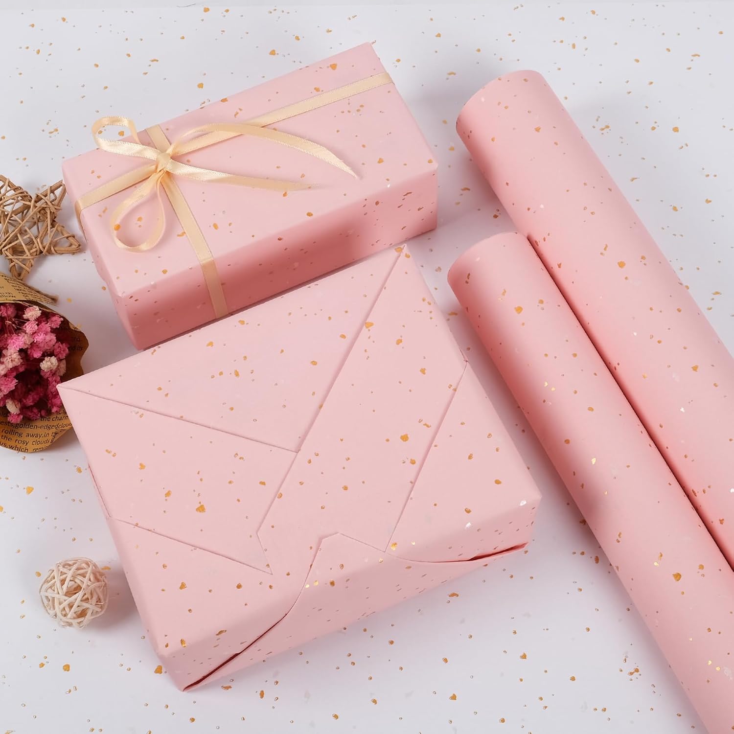 Aimyoo Pink Wrapping Paper Roll - Mini Roll - 17 Inch x 32.8 Feet - Pink with Gold Flakes Foil Design for Christmas, Wedding, Birthday,Holiday,Celebrations - Image 5