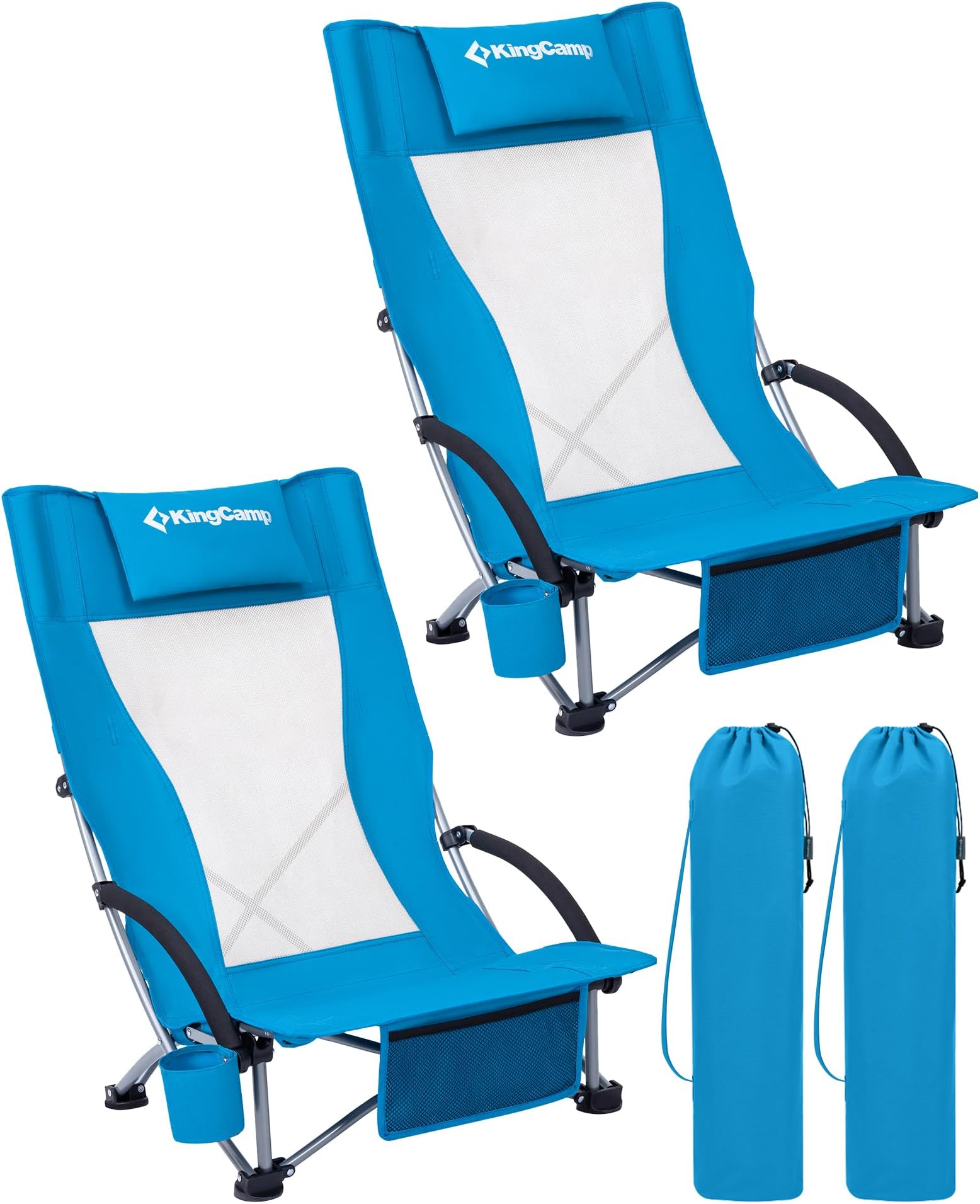 KingCamp Low Folding Beach Chair, Up to 180 kg (400 lbs), Lightweight Mesh Back Portable Beach Chairs, with Padded Armrest & Cup Holder & Carry Bag, Foldable Low Camping Chair for Outdoor Garden