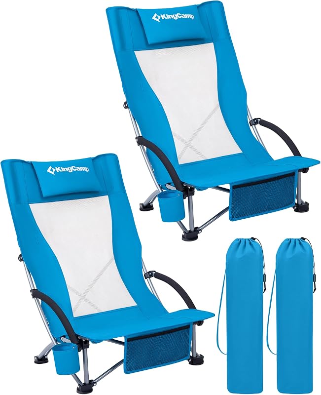 KingCamp Sillas de playa bajas, paquete de 2, silla plegable portátil para adultos, ligera, extra ancha, ergonómica, asiento con respaldo alto, 300 libras, equipo de gran tamaño resistente con bolsa de transporte para césped al aire libre, camping, picnic