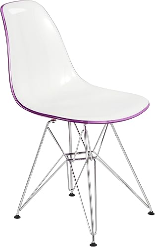 LeisureMod Carey - Silla auxiliar de comedor moderna moldeada con base Eiffel (blanco y morado)