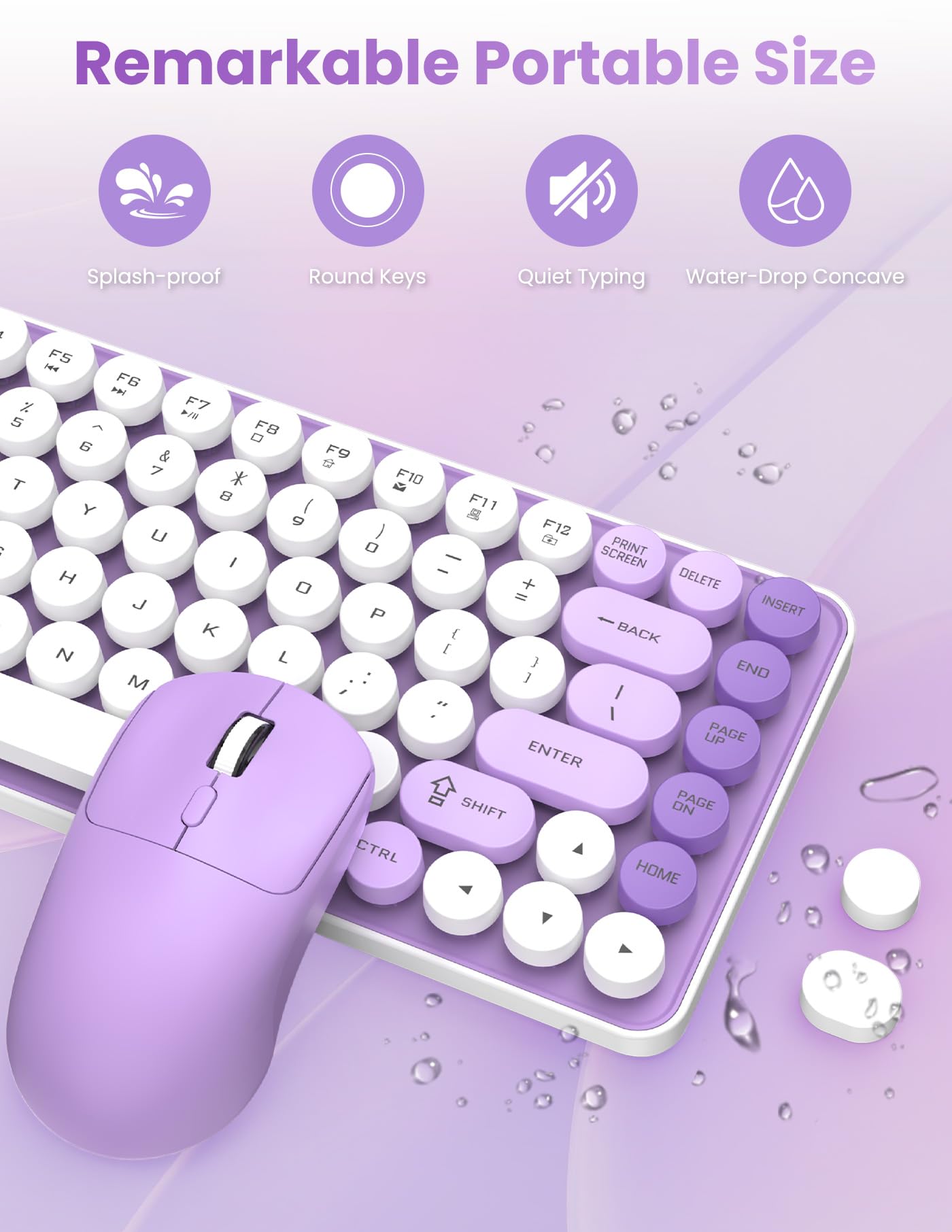 SOPPY Tastiera wireless e mouse combinata, tasti rotondi, tastiera retrò a 85 tasti, modalità Bluetooth/2,4 GHz, compatta ed ergonomica, compatibile con PC/desktop/laptop/Windows, layout USA, viola