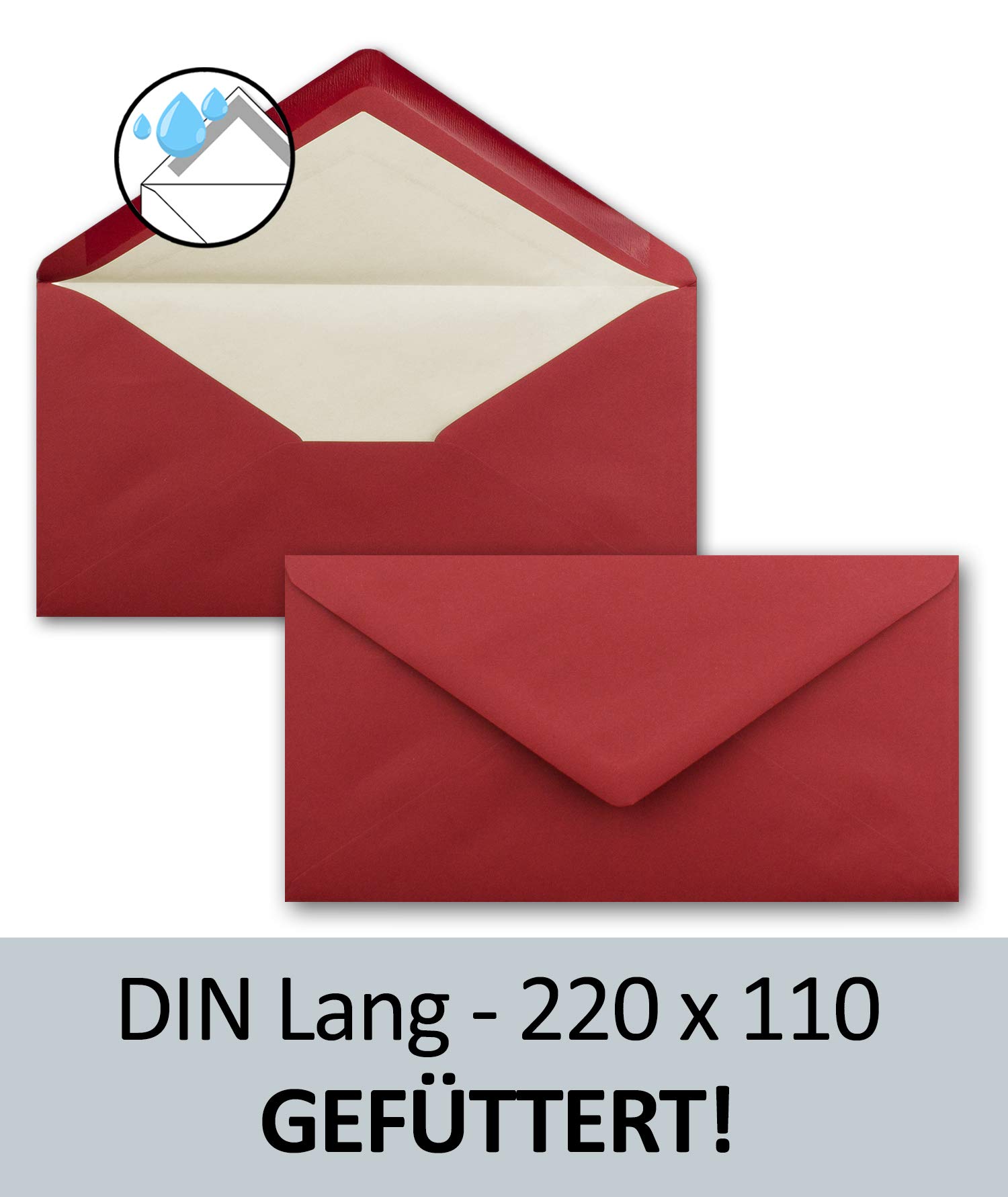 Lot de 250 enveloppes longues Rouge foncé avec doublure en soie blanche 11 x 22 cm 80 g/m² Idéal pour invitations, cartes de Noël, cartes de vœux de la série Colorful