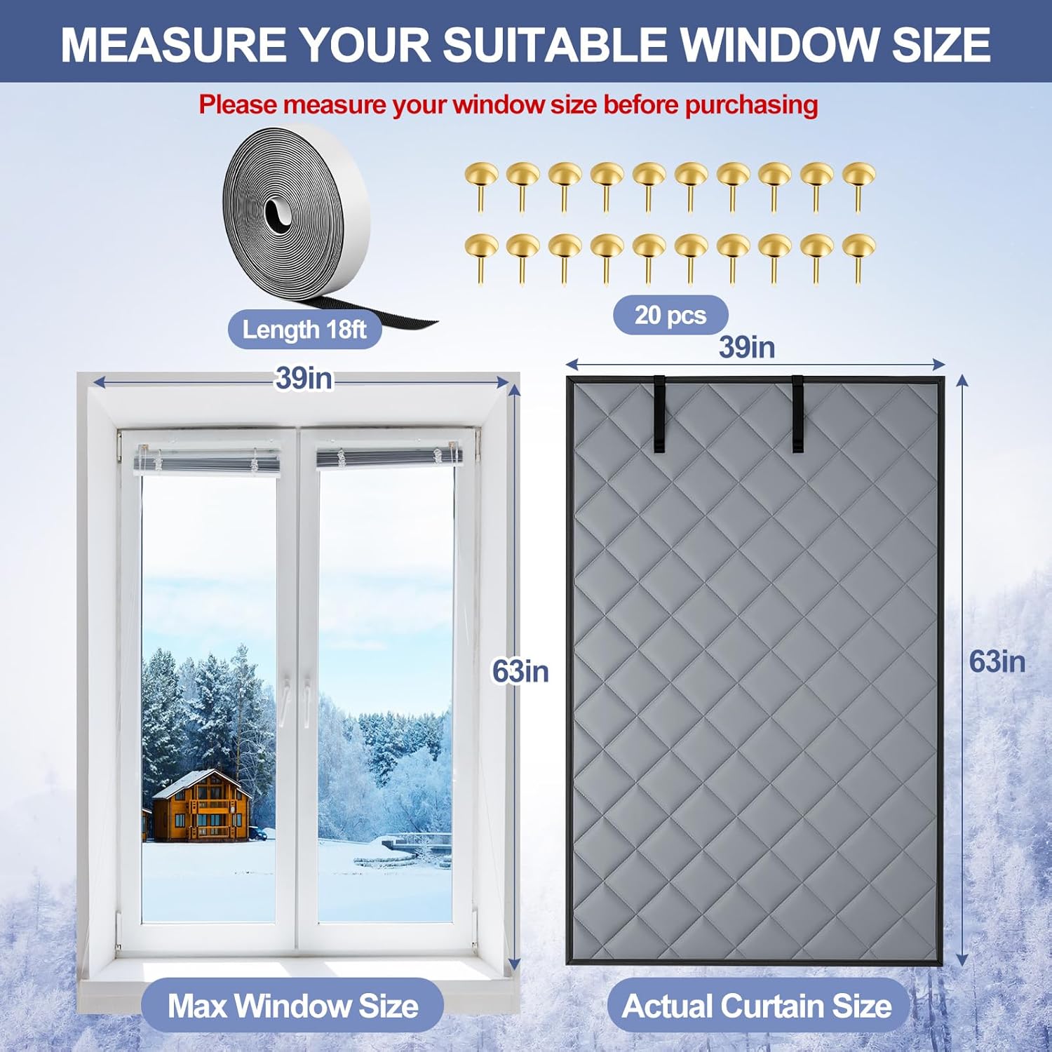 63 x 39 Inch Window Insulation for Winter, Thermal Window Cover 3 Layer with Oxford Cloth Thicken Cotton Filled, Roll-up Insulation Blanket Kit with Hook & Loop for Bedroom Attic to Keep Heat Warm