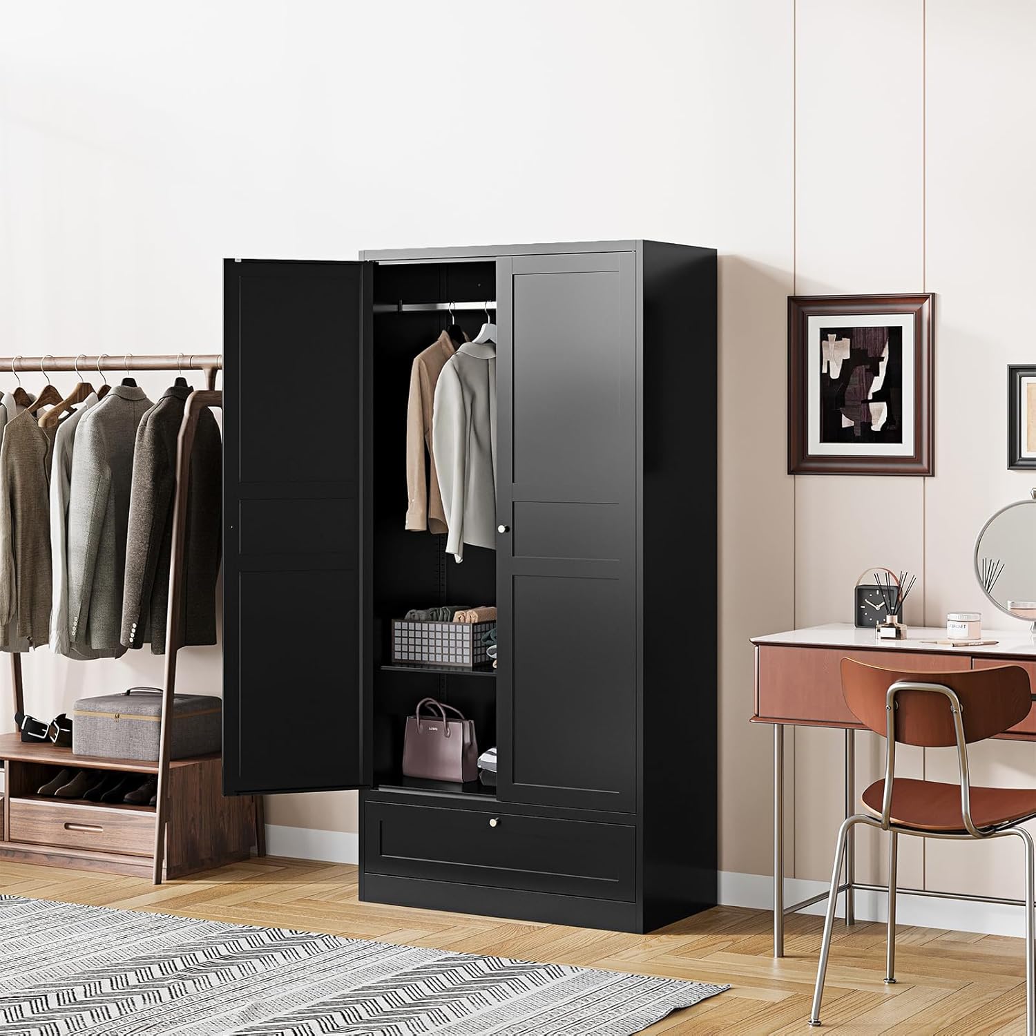 Steel Metal Wardrobe Armoire Closet with Drawer Clothing Locker Storage Cabinet 2 Door Closet Cabinet with Hanging Rod for Home Office Bedroom 72" X 36" X 18" White