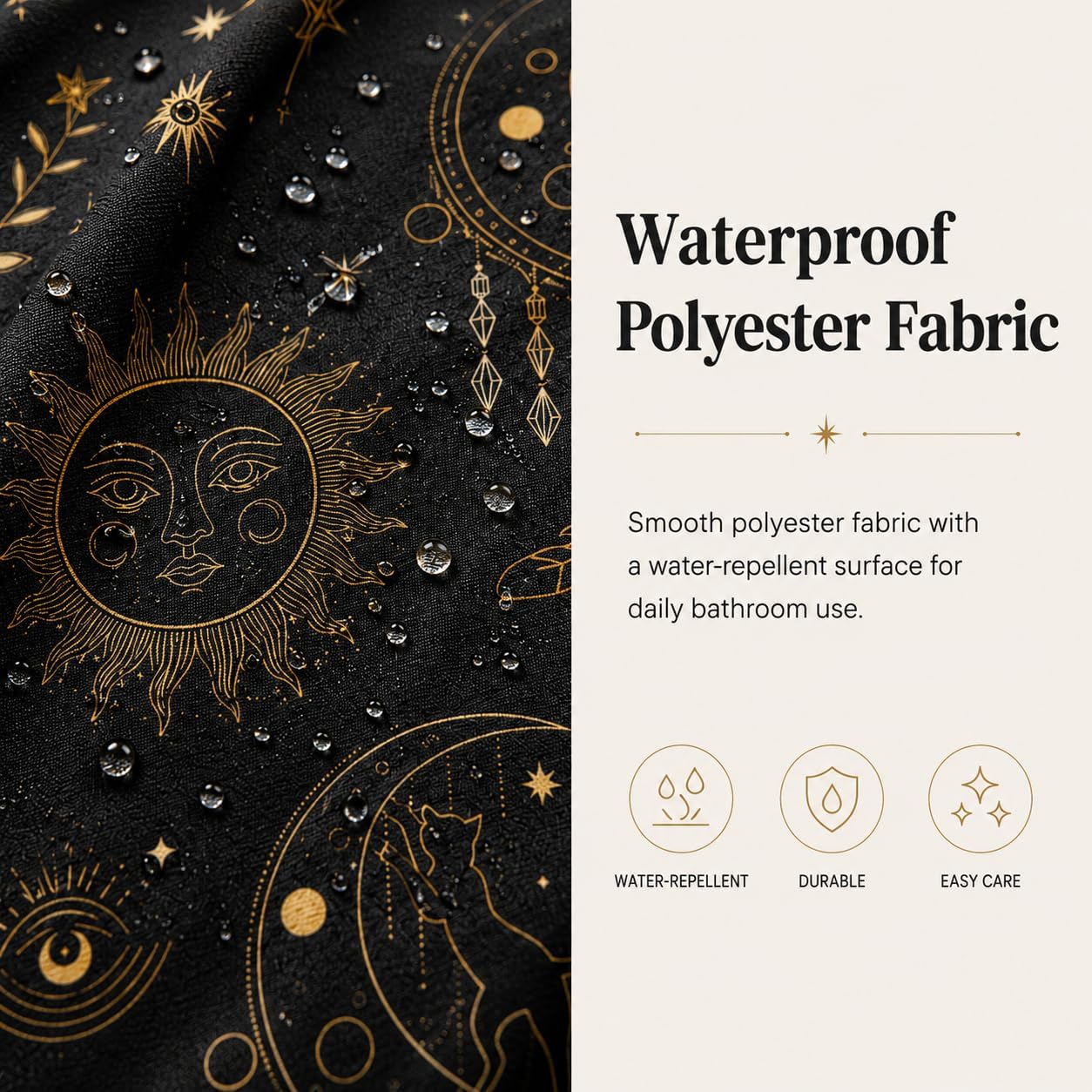 Black and Gold Witchy Shower Curtain, Sun and Moon Phase Stars Cat Celestial Bathroom Decor, Goth Mystical Zodiac Constellation Shower Curtains 72Wx72H with Hooks