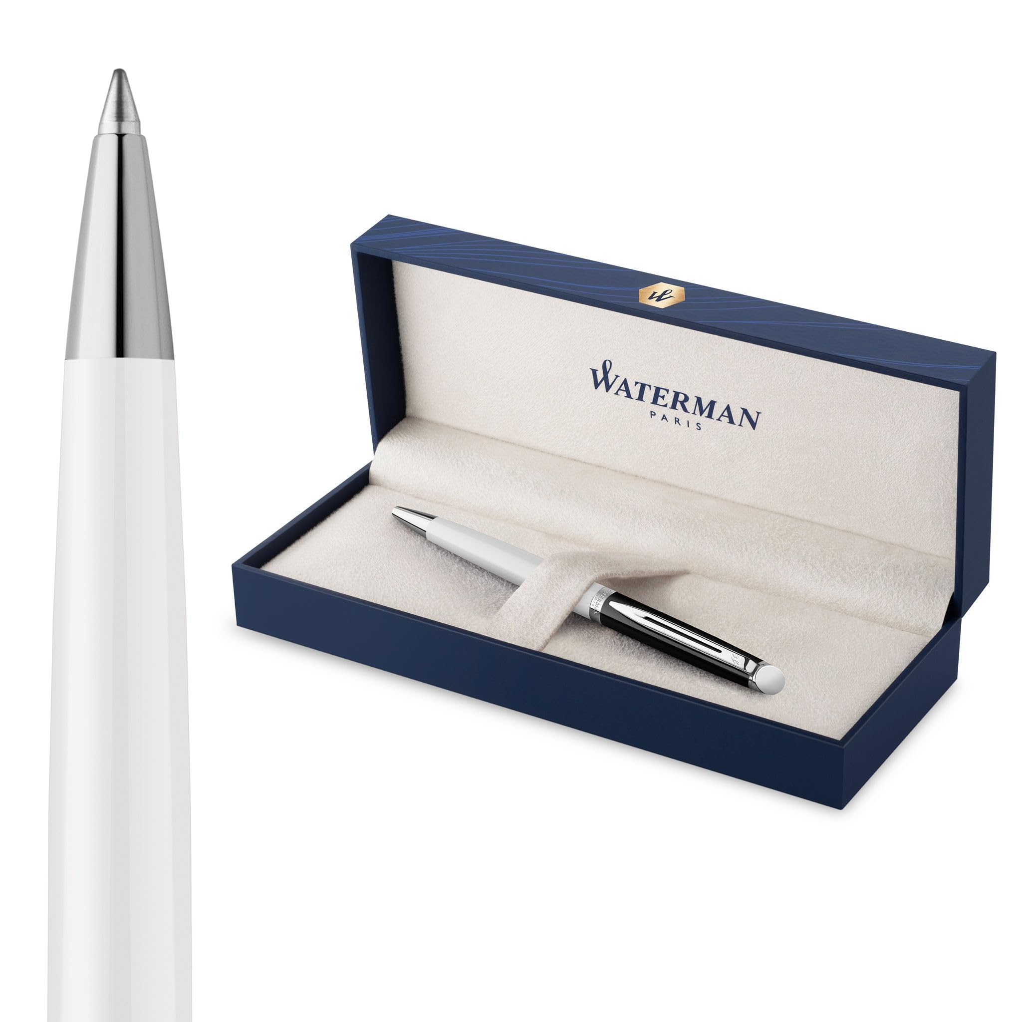 Waterman Hémisphère - Penna roller e penna a sfera con incisione, set di scrittura di lusso personalizzato per compleanno, anniversario e Natale (BLOCK BLACK-WHITE)