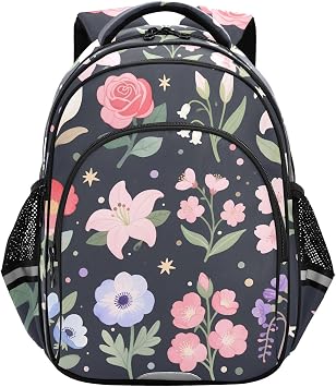 Kids Backpack with Whistle Strap & Reflective Strips Modern Floral Navy Dark Schoolbag for Ages 3-8