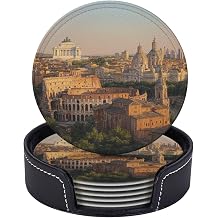 Rome Skyline Pattern Leather Coasters for Drinks, Set of 6 Drink Coaster Dining Room Decor Cup Coasters