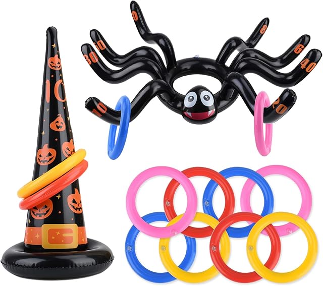 balnore Halloween Ring Toss Game with Inflatable Spider, Witch Hat, 8 pcs Rings Halloween Party Games for Kids Adults Family Indoor Outdoor