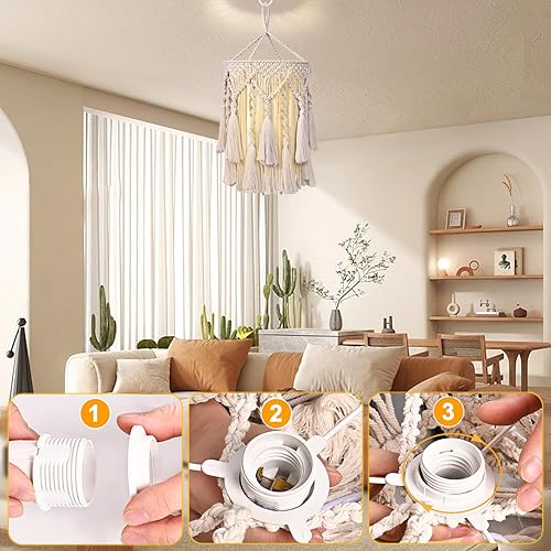 Miniatura 2 de Lámpara colgante bohemia, pantalla bohemia con lámpara colgante enchufable para dormitorio, luz colgante de macramé con cable enchufable para sala