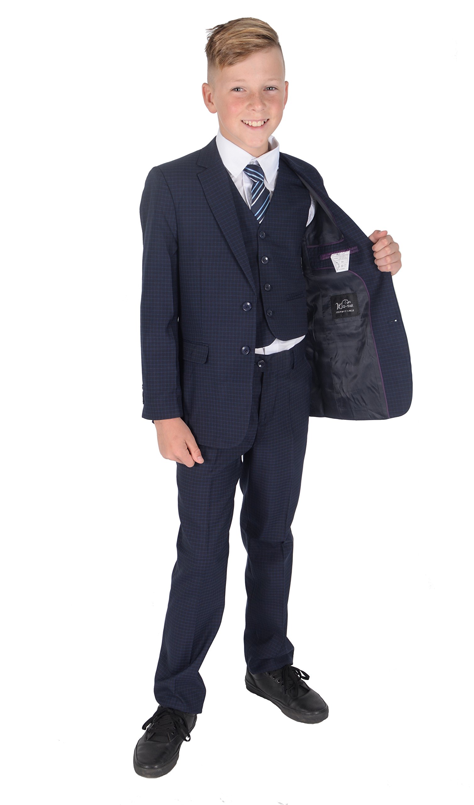 Cinda 5 Piece Navy Blue Checked Boy Suits Boys Wedding Suit Page Boy Suit 8-9 Years