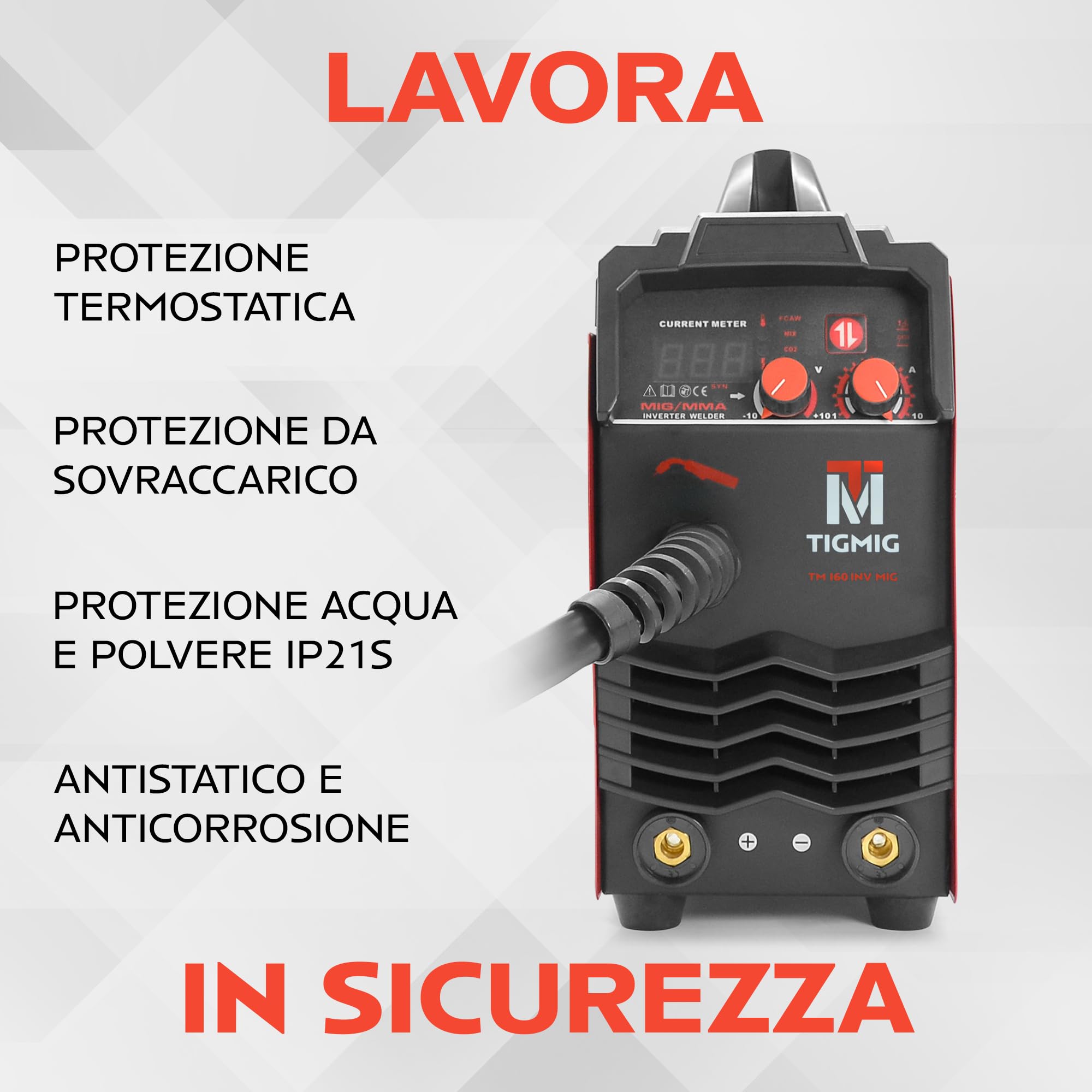 TIGMIG Saldatrice Inverter IGBT DC MIG/MAG A Filo Continuo + FLUX Filo Animato + MMA Elettrodo, Modello TM160INVMIG, Fino 160 A, Accessori e Bobina Filo Animato Inclusi, Assistenza e Garanzia Italia
